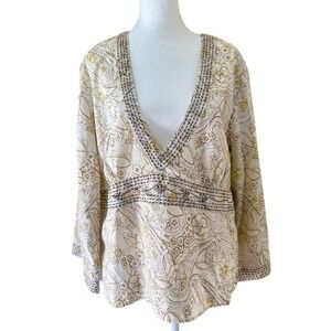 Eddie Bauer Cream Floral Embroidered Boho V Neck Top XL